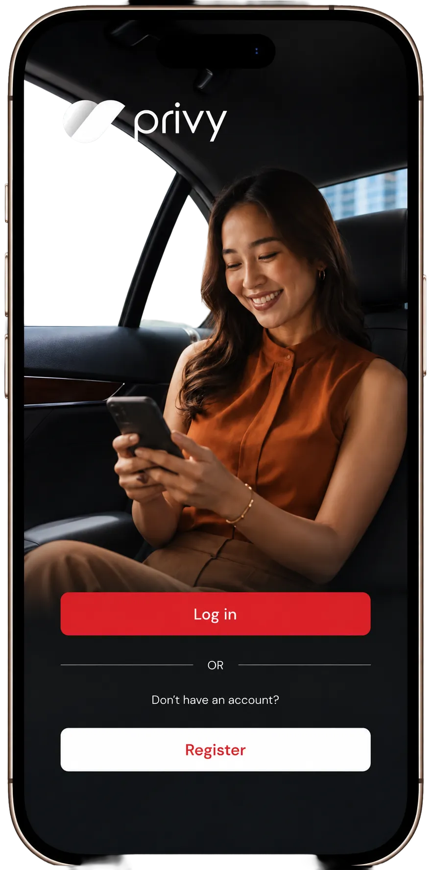 A woman smiling at her phone in the back of a car, with the Privy app’s log-in screen on the handset beside her