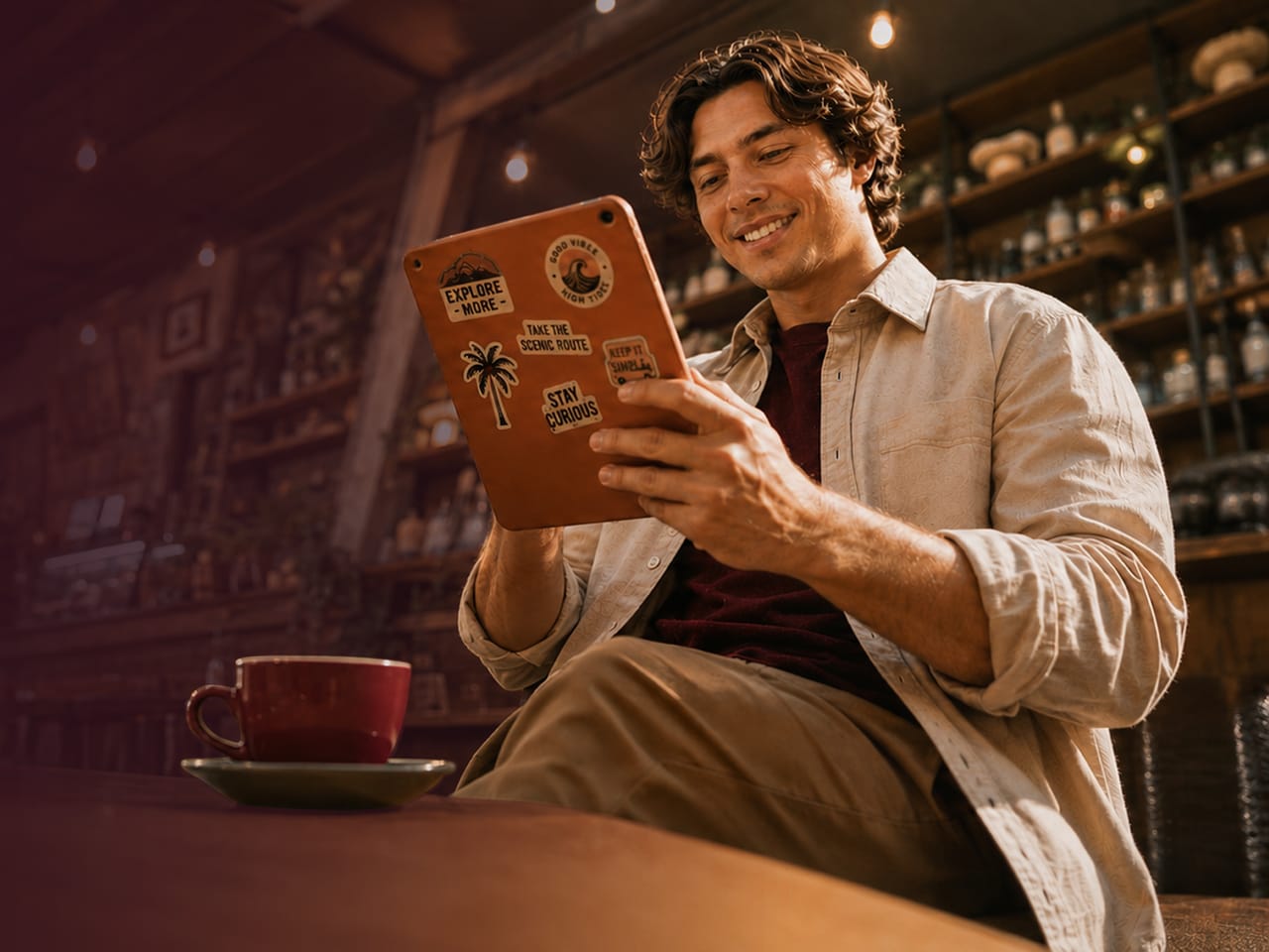 A man using a tablet in a warmly lit café