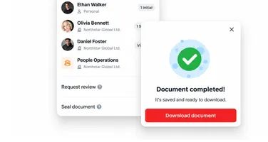 A completed document, saved and ready to download, beside its list of recipients