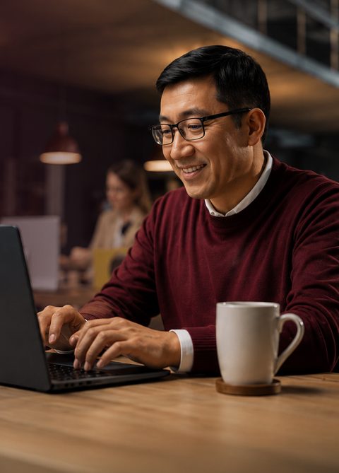 A man in glasses working at a laptop in a shared workspace